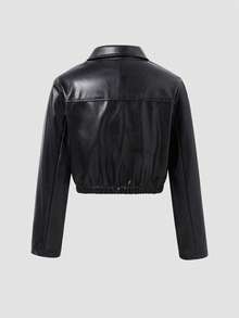 SHEIN Jaket Kulit PU untuk Remaja Perempuan, Jaket Motor Pendek Hitam, Modis untuk Kembali ke Sekolah di Musim Gugur - Hitam - View 2