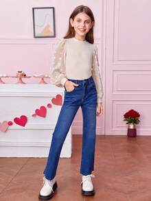 SHEIN Serisse Kids Tween Girl Swiss Dot Lantern Sleeve Waffle Knit Tee - Beige - View 8