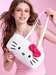 HELLO KITTY AND FRIENDS | SHEIN 可愛貓咪印花聚酯纖維單肩包，附3D蝴蝶結裝飾，輕量大容量拉鍊托特包，適合通勤、旅行與日常休閒使用 - 粉色蝴蝶結款 - 查看 1