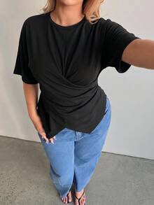 Maija Plus Size Women's Solid Color Round Neck Short Sleeve Ruched Asymmetric Hem Casual T-Shirt Club Formal Black Summer Autumn Halloween - Black - View 4