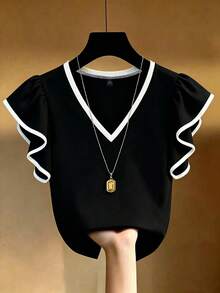 EMERY ROSE 大尺碼法式優雅 V 領黑白對比荷葉邊短袖 T-shirt，修身版型 - 彩色 - 查看 1