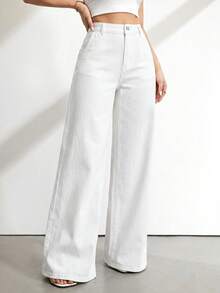 SHEIN Tall Women's Casual Versatile Solid Color Wide Leg Jeans - White - View 3