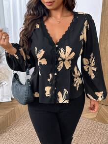 SHEIN Frenchy 大尺碼女款V領花卉圖案蕾絲拼接休閒日常襯衫 - 彩色 - 查看 5