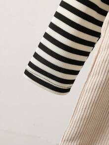 2pcs/Set Boys Toddler Spring/Autumn Black/White/Light Apricot Minimalist Korean Style Black/White Horizontal Striped Crew Neck Long Sleeve Top With Pocket Button Vertical Striped Suspenders Long Pants Set, Loose Straight Leg Fit, Suitable For Daily Wear, School Activities, Outdoor Play, Family Gatherings, Photography - Multicolor - View 5