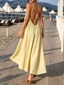 Cévolie Women's Casual Backless Spaghetti Strap Dress For Vacation - Light Yellow - View 2