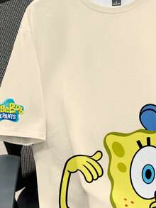 SpongeBob SquarePants | SHEIN Manfinity Joysei 男士卡通印花圓領短袖休閒T恤 - 卡其色 - 查看 4