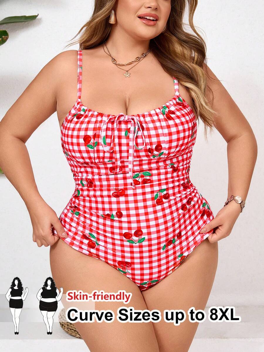SHEIN CURVE+ 大码女式红白格子水果印花抽绳连体泳衣,适合海滩穿着 - 紅白色 - 查看 1