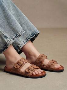 Solecia Ladies Spring And Summer New Hollow Woven Double Buckle Design Comfortable Casual Slippers - Brown - View 12