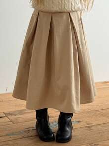 DAZY Loose A-Line Pleated Long Skirt Solid Color Cute Minimalist Young Girls Skirt Fall - Khaki - View 4