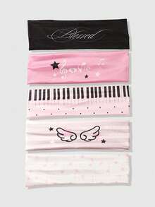 ROMWE Anime 5pcs Y2K Pink Cute Style Piano Keyboard Music Note Wing Letter Print Headbands, Versatile Hair Accessories For Yoga, Sports, Photography And Atmosphere - Multi-color C model - View 2