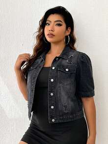 Firerie Plus Size Distressed Short Sleeve Denim Jacket - Black - View 1