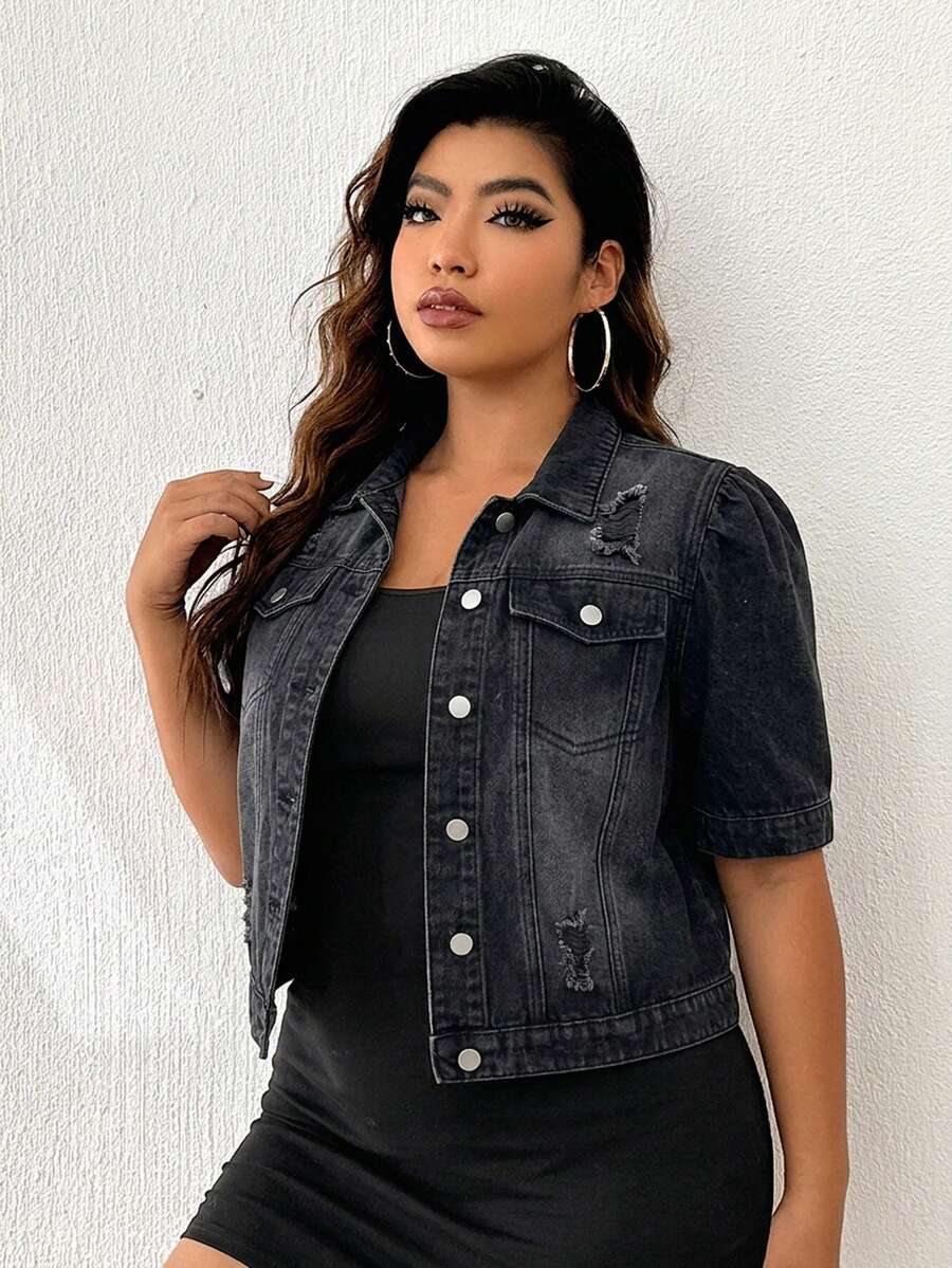 Firerie Plus Size Distressed Short Sleeve Denim Jacket - Black - View 1