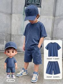 SHEIN Teen Boy Round Neck Short Sleeve Top And Denim Shorts Set - Dark Wash - View 1