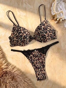 Bare Chapter 2pcs/Set Leopard Print Front Closure Seamless Padded Adjustable Bra With Romantic Racerback, Wire-Supported Lingerie Set For Women - Black - View 1