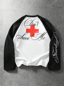 ROMWE MEN Goth Men's Letter & Cross Print Casual Long Sleeve T-Shirt For Daily Wear - White - View 1