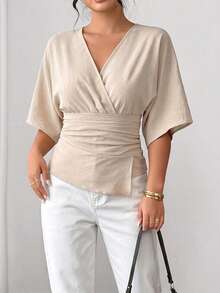 SHEIN LUNE CURVE 大尺碼女款素色V領百褶休閒優雅百搭日常穿著襯衫 米色 夏季 早午餐 辦公室 - 杏色 - 查看 6