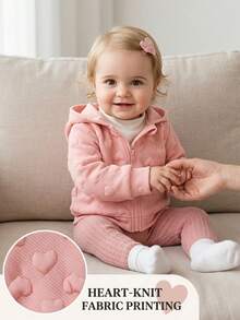 SHEIN Playful Pals 女嬰休閒純色保暖內裡連帽拉鍊夾克，適合秋冬穿著 - 淺粉色 - 查看 8