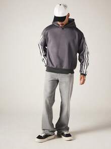 SUMWON Oversized Hoodie With Sleeve Stripe Contrast Detailing Raglan Sleeves Ribbed Hem Pullover Fall Winter Streetwear - Grey - View 3