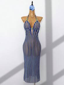 SHEIN Swim Swim Chiccia 女款藍白條紋夏季新款海灘度假鏤空長款露背深V領無袖鉤編掛脖繫帶泳衣 - 彩色 - 查看 3