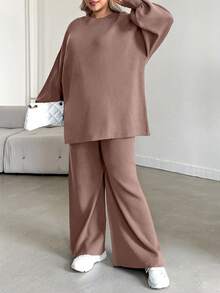 EURMUSE Plus Size Women Solid Color Raglan Sleeve Sweater And Knit Pants Casual Set - Dusty Pink - View 5