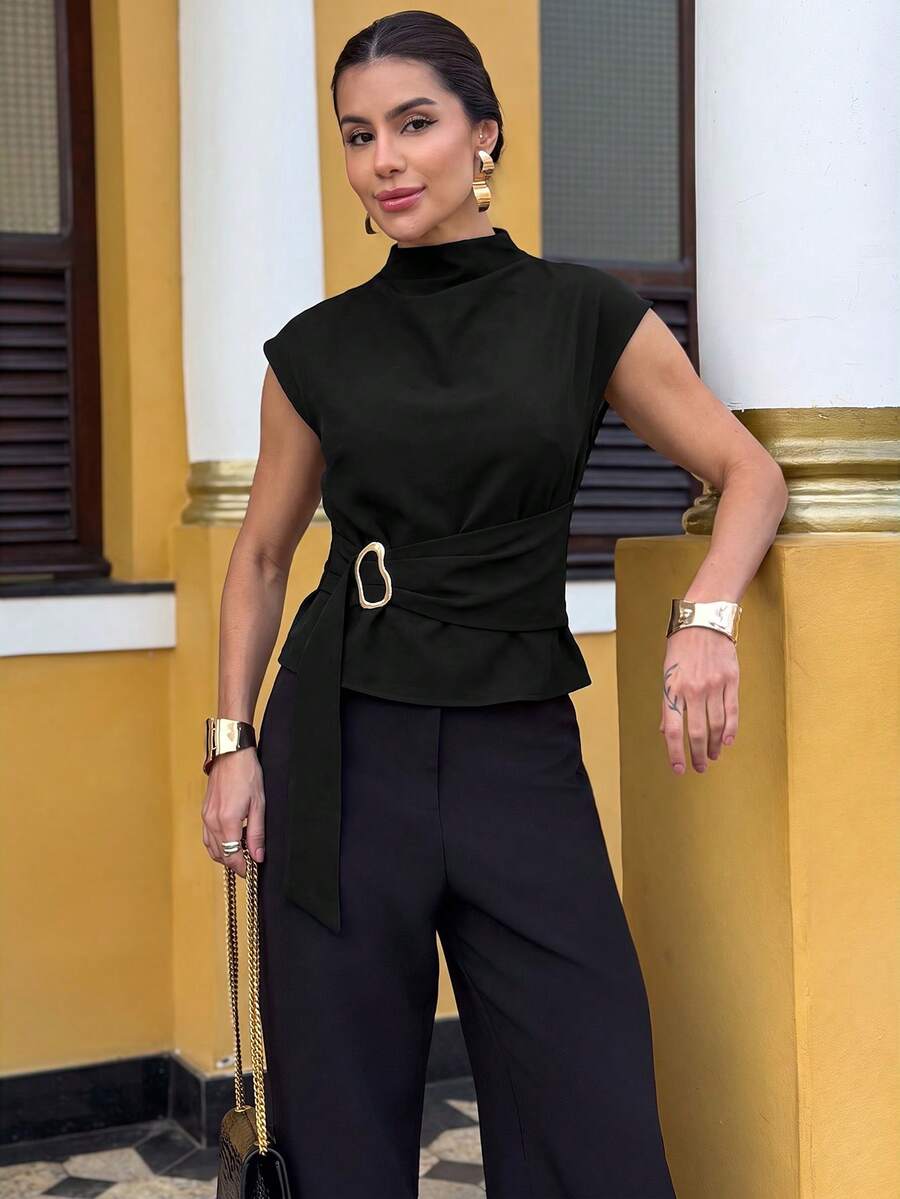 Yohana Edit Coffee-Color Metal Buckle Decor Office Shirt Black Summer - Black - View 1