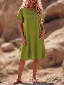 EMERY ROSE Plus Size Summer Casual Woven Fabric Knee Length Dress With Plain Pattern And Flared Hem Short Sleeves - Yellow - View 3