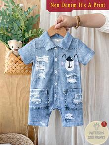 SHEIN Vintaside Kids 嬰兒男童卡通圖案牛仔效果短袖連體褲 - 藍色 - 查看 3