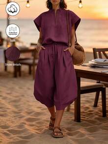 SHEIN Holidaya 新款淺色水洗亞麻POLO衫落肩3/4燈籠褲兩件套休閒度假風，適合度假、日常通勤與旅行 - 酒紅色 - 查看 5