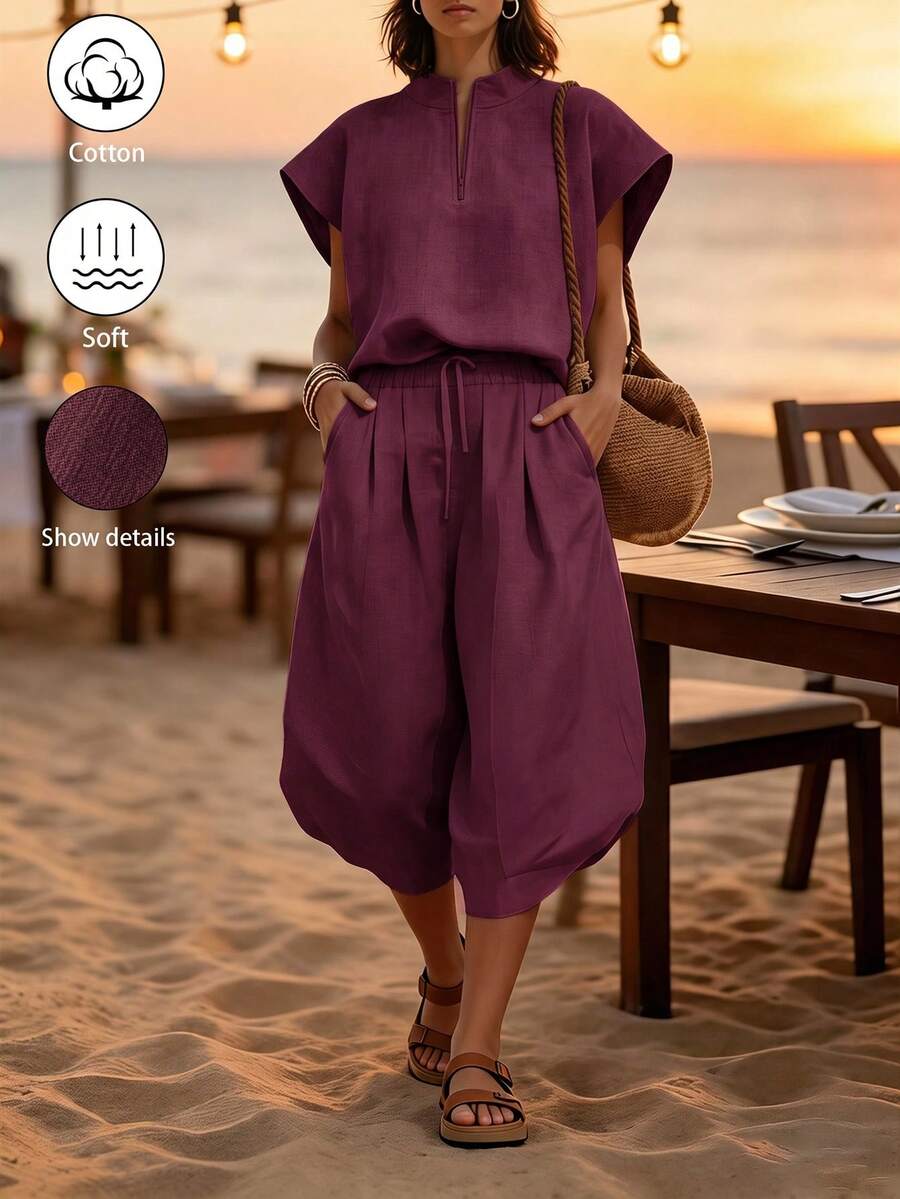 SHEIN Holidaya Setelan 2 Potong Polo Linen Warna Linen Terang Baru, Bahan Linen Cuci, Model Bahu Jatuh 3/4, Celana Lentera, Gaya Kasual untuk Liburan, Cocok untuk Liburan dan Perjalanan Sehari-hari - Burgundy - View 1