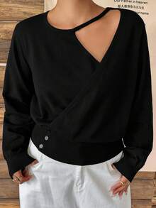 Dazy Plus Solid Color Asymmetric Neckline Hollow-Out Waist-Cinching Short Long Sleeve Black Autumn/Winter New Pullover Sweater - Black - View 6