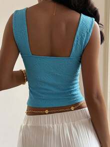 DAZY Women's Summer Casual Vacation Daily Commute Minimalist Solid Color Textured Fabric Square Neck Fitted Cropped Tank Top - Blue - View 3