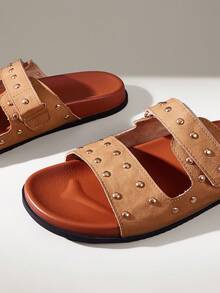 Solecia Women's Shoes Summer New Rivet Double Broadband Design Open-Toed Flat Bottom Comfortable Casual  Women's Slippers Shopping Coffee Date Wear - Brown - View 5