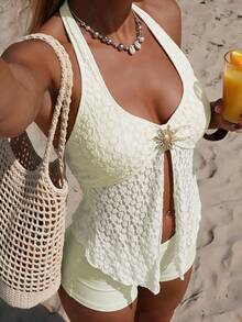 Sunnyshic Spring/Summer 2 Pieces Women's Beachwear Set Sexy Tropical Vacation Solid Color Textured Fabric Beige Sun Halter Tank Top Bikini Bottoms - Apricot - View 1