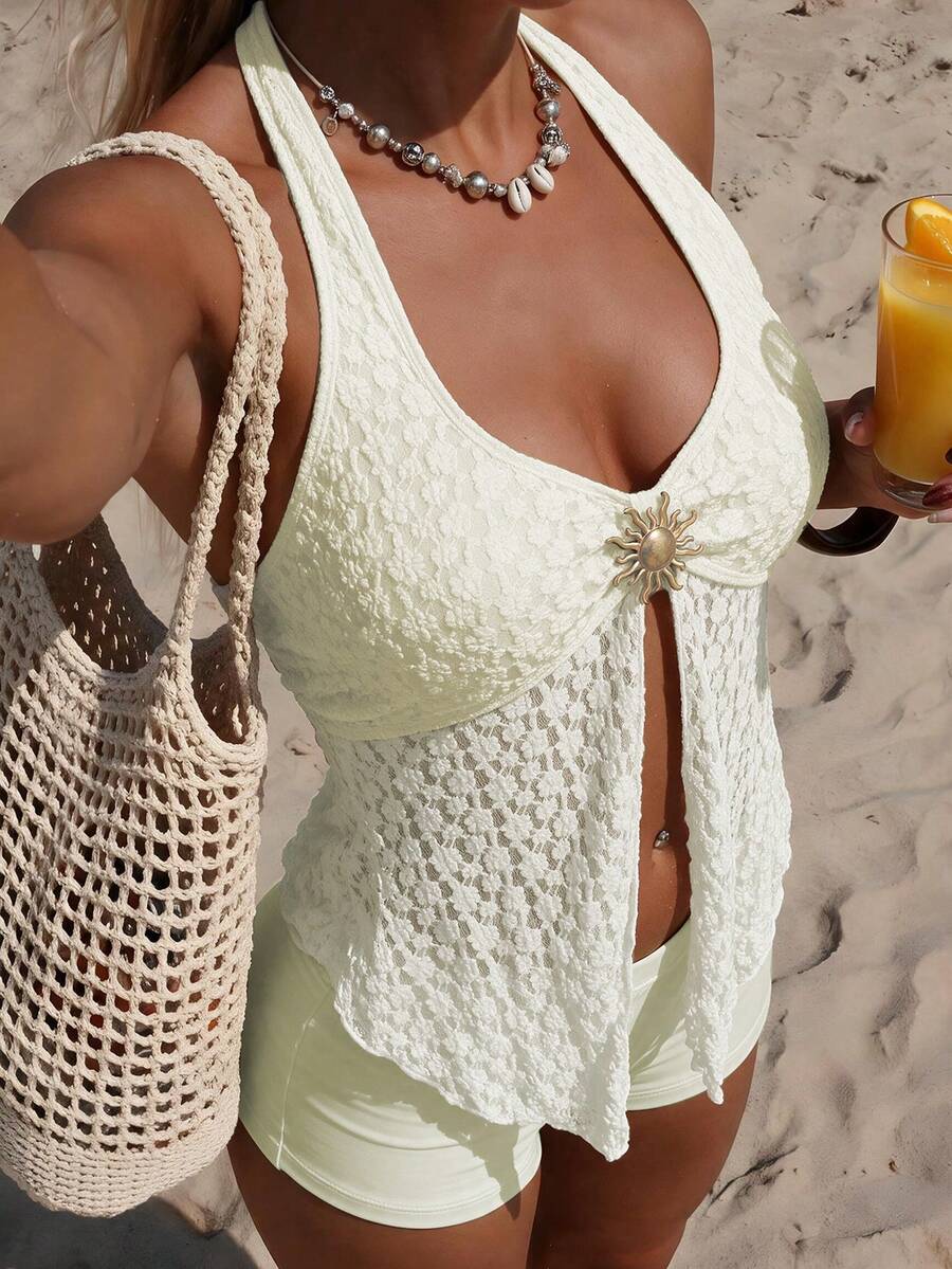 Sunnyshic Spring/Summer 2 Pieces Women's Beachwear Set Sexy Tropical Vacation Solid Color Textured Fabric Beige Sun Halter Tank Top Bikini Bottoms - Apricot - View 1