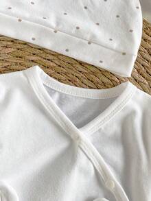 3-Piece Newborn All-Season Homewear Set, Bear Embroidered 3D Ear Footed Romper, Khaki Polka Dot Romper & Hat, Baby Gift - White - View 4