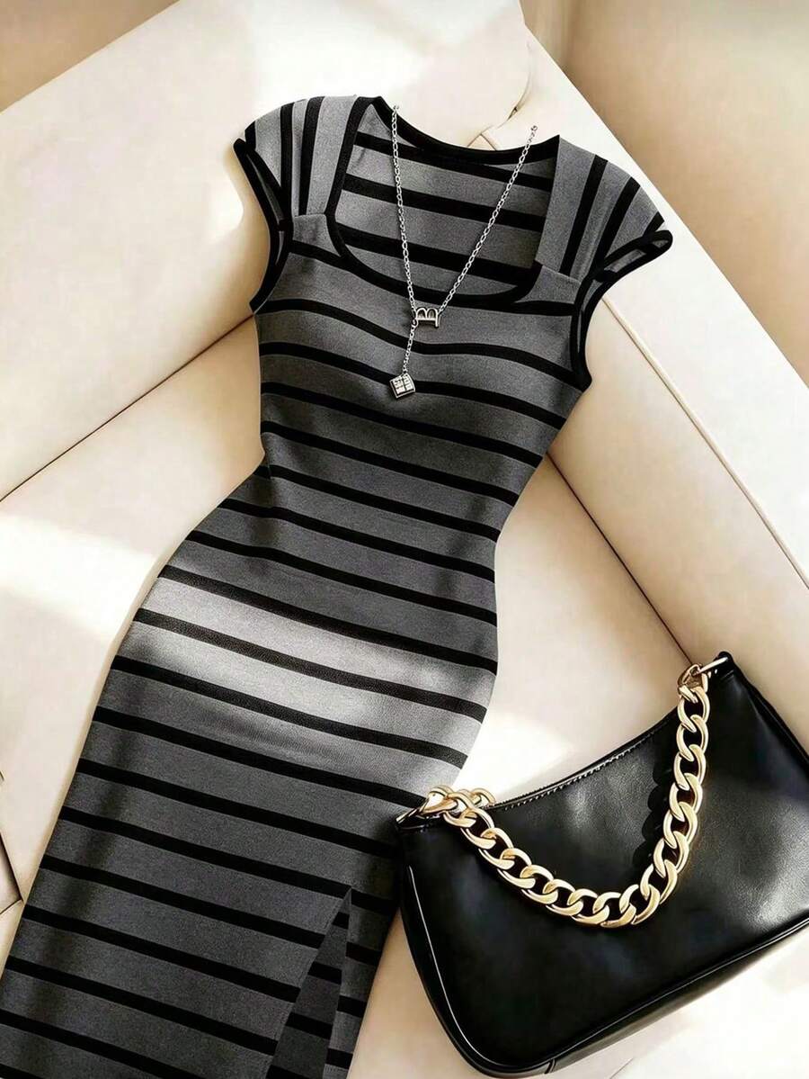 Franclia Women's Elegant Fitted Striped Square Neck Slimming Colorblock Commuter Office Dress, Spring/Summer, Bodycon, Slit, Stretchy - Dark Grey - View 1