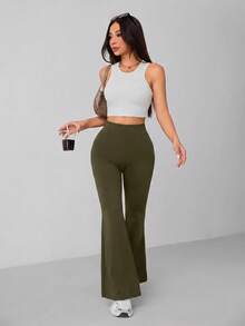 SHEIN PETITE 女款素色休閒百搭喇叭長褲街頭時尚風 - 軍綠色 - 查看 6