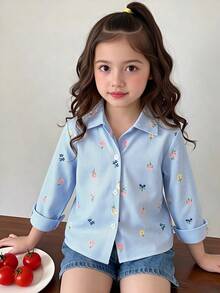 SHEIN Genkimix Kids 女童仿刺繡圖案藍白條紋印花襯衫，清新輕盈設計，領口長袖寬鬆休閒襯衫，花卉圖案，春/秋休閒襯衫 - 藍色 - 查看 1