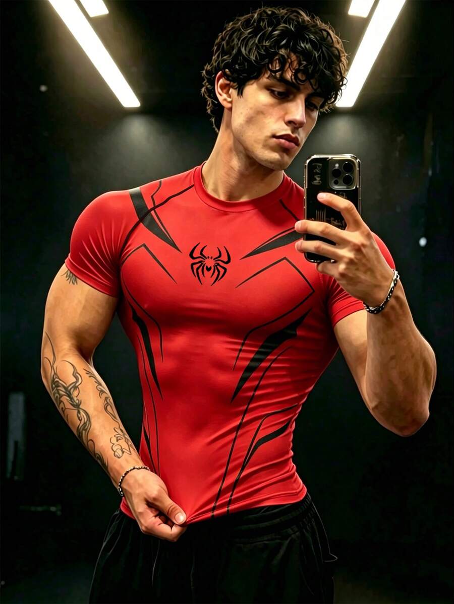 Gym Rark 男士蜘蛛圖案休閒百搭日常通勤運動T恤 - 黑色 - 查看 1