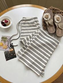 Comfortcana Women's Summer Knit Striped Long Pants - Black and White - View 1