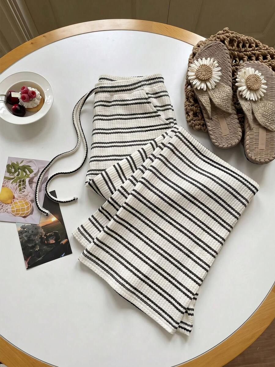 Comfortcana Women's Summer Knit Striped Long Pants - Black and White - View 1