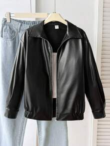 SHEIN Tween Girl Tween Girl Tween Girl 秋冬休閒 PU 皮革外套，日常秋/冬穿著 - 黑色 - 查看 7