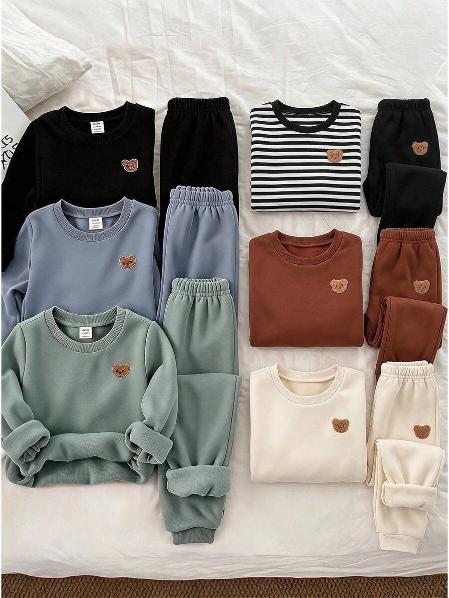 Cozy Pixies 兒童小男孩 6 件套：裝飾圓領長袖套頭衛衣與彈性腰長褲套裝，休閒度假風，軟萌可愛