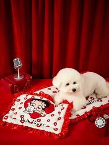 Betty Boop X PETSIN 1件可爱大眼睛女孩口红爱心狗印花宠物窝休闲风格柔软保暖卷边宠物床 - 彩色 - 查看 4
