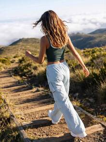 WanderVale Women's Drawstring Waist Casual Versatile Daily Travel Sports Long Pants - Blue - View 3