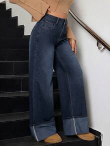 SHEIN Tall 冬季女款休閒水洗復古時尚翻邊設計寬腿牛仔褲，適合高個女性 - 深色水洗藍 - 查看 4
