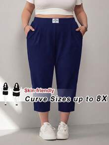 SHEIN CURVE+ 大尺碼女款休閒商務多功能純色高腰錐腳口袋長褲，海軍藍，適合辦公、度假、徒步、演唱會，夏季款 - 藏蓝色 - 查看 3