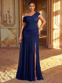 Glamrae Plus Size New Elegant Deep Royal Blue Mesh One-Shoulder Ruched Slimming Asymmetrical A-Line Skirt With High Slit For Wedding Bridesmaid Formal - Blue - View 8