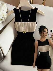 Franclia Women's Summer Fitted Sexy Elegant Textured Patchwork Sleeveless Plus Size Dress Party Cocktail Black - Black - View 1