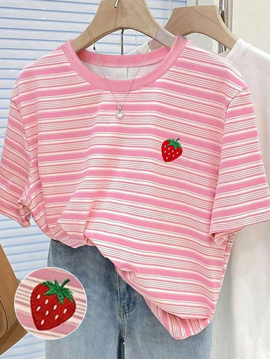 SHEIN 青少年女孩休閒百搭甜美粉色條紋愛心刺繡圖案圓領基本款T恤,適合夏季、母親節、畢業季,適用於春夏季日常、外出、度假、假日穿著,時尚女孩休閒穿搭,新風格,返校、放鬆、開學 - 彩色 - 查看 1